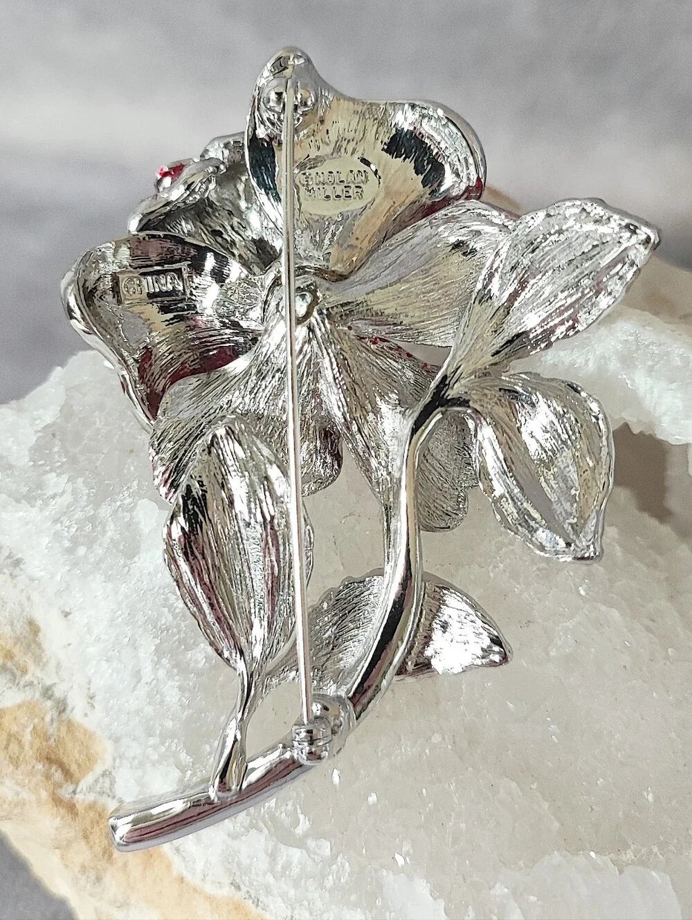 Nolan Miller Nancy Reagan Red Rose Flower Enameled Brooch Vintage Silver Tone